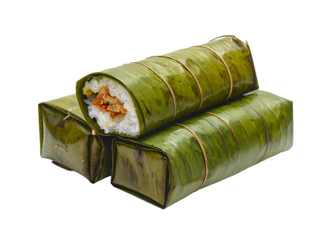 Indonesian Tradisional food called lemper contain rice cake with chicken inside, wrapped with banana leaves isolated on transparent png