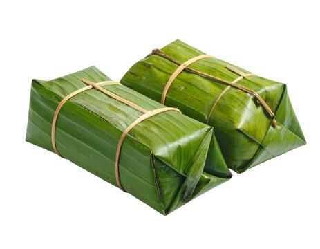 Indonesian Tradisional food called lemper contain rice cake with chicken inside, wrapped with banana leaves isolated on transparent png