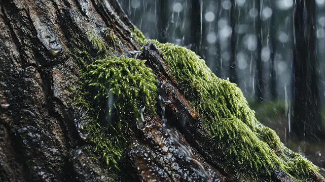Close up of lush green moss growing on a rough tree trunk during a gentle rain shower in a serene forest with soft