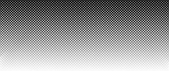 Thick to thin net pattern gradient. Fading grid gradation texture background. Black repeating mesh backdrop for overlay, print, cover, banner, poster. Squared line lattice wallpaper. Vector