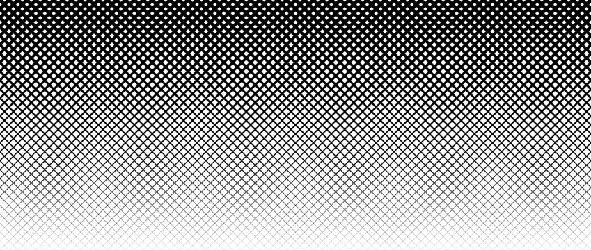 Thick to thin net pattern gradient. Fading grid gradation texture background. Black repeating mesh backdrop for overlay, print, cover, banner, poster. Squared line lattice wallpaper. Vector