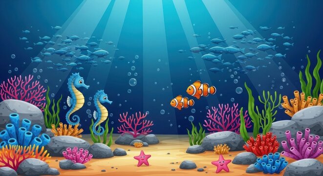 Vibrant cartoon underwater scene with seahorses, clownfish and coral reef