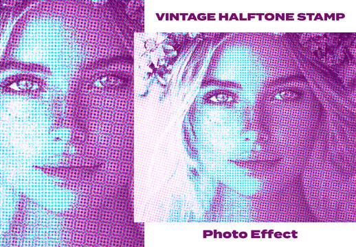 Magenta And Blue Vintage Halftone Stamp Photo Effect
