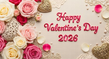 Gorgeous Valentine Day 2026 Typography Poster With Vintage Lace And Golden Love Charms