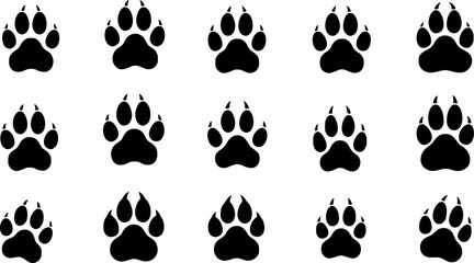 Fototapeta premium Vector set of animal paw print illustrations, showcasing solid and outline track designs for pet care branding and wildlife iconography