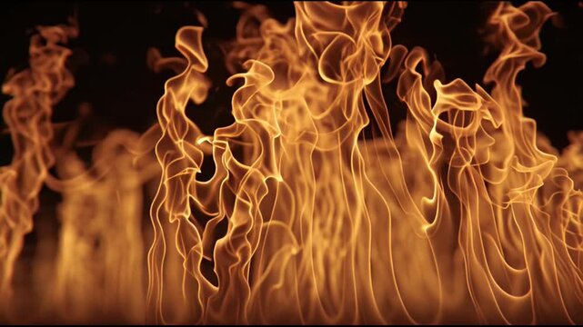 Vertical Flame Curtain in Darkness with Rising Sparks and Smoke
