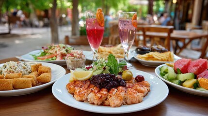 Elegant Al Fresco Dining: Grilled Chicken, Fresh Salads, and Refreshing Drinks in a Lush Garden Setting