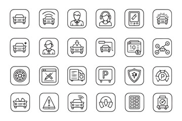 Minimal black outline icon set in automotive UI style, clean and modern pictogram design. Thin and consistent stroke weight, rounded corners, monochrome black on white background. Each icon enclosed i