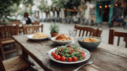 Rustic Outdoor Dining Experience with Fresh Salad and Pasta Dishes in Cozy Cafe Setting