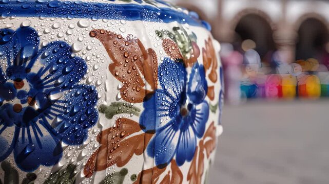 Close-Up of Floral Vase With Water Droplets in Historical Plaza
