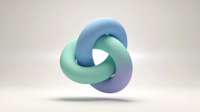 A 3D trefoil knot made of smooth pastel bluegreen tubes is centered against a muted gradient background casting a soft shadow