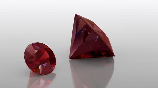 Radiant Red Ruby Gems on Reflective Surface, Elegant close-up of two radiant red rubies with intricate facets, reflecting light beautifully. Perfect for luxury, jewelry, or design projects.