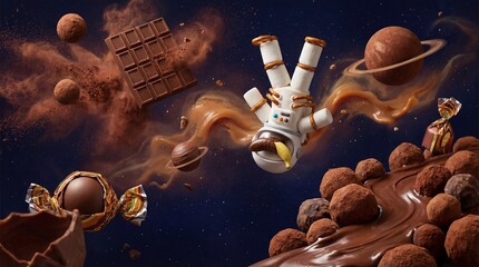 Spacecraft soaring through chocolate cosmos with swirling chocolate truffles and melting chocolate bars in a celestial landscape