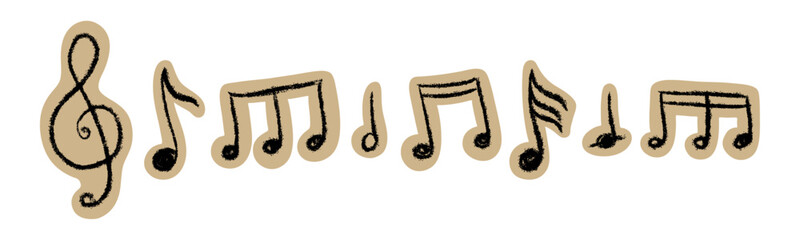 Obraz na płótnie Canvas Vector set of hand-drawn music notes and treble clef in grunge scrapbook style. Bold black crayon musical icons with cutout paper effect. Creative stickers for song, zine, and children's education.
