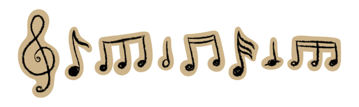 Vector set of hand-drawn music notes and treble clef in grunge scrapbook style. Bold black crayon musical icons with cutout paper effect. Creative stickers for song, zine, and children's education.
