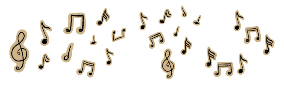 Hand-drawn music notes melody set in grunge scrapbook style. Scattered vector musical symbols with crayon texture and cutout paper effect. Creative doodle composition for zine, education, and craft.