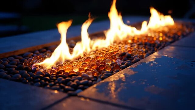 Outdoor Gas Fireplace With Glowing Embers at Night