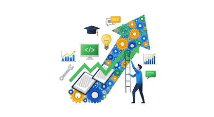 Business growth and success concept with upward arrow, coins, lightbulb, plant, and icons isolated on transparent background