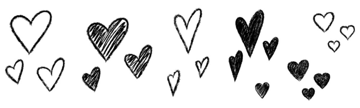 Vector set of hand-drawn black hearts in bold crayon style. Collection of charcoal heart doodles and sketchy love symbols for Valentine's Day, wedding, nursery, and creative scrapbook design.