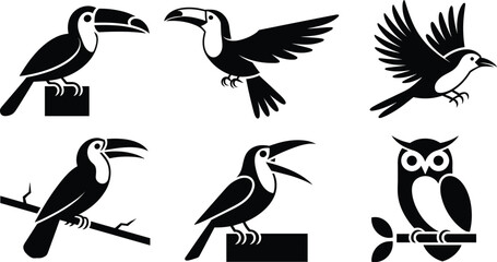Obraz premium Black silhouette vector illustration set featuring exotic toucans in flight and perched tropical birds and a wise owl for nature wildlife and zoo design