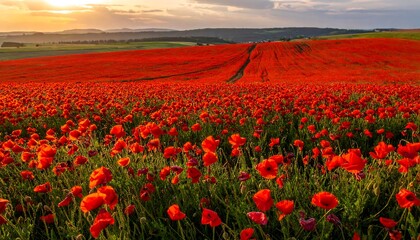 A serene field of vibrant red poppies stretching towards a sunset horizon