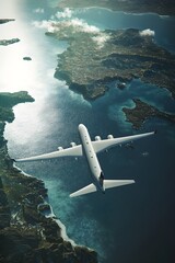 White airplane flying over blue ocean and coastal landscape