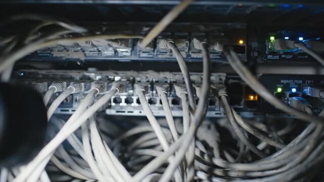 Network Switch Patch Panel With Tangled Cables And Lights.