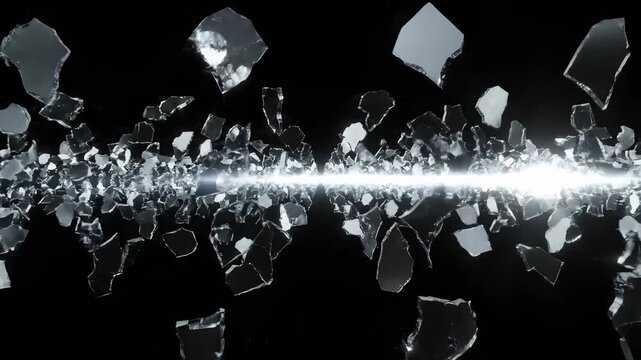 Shattered Glass Fragments Explode With Bright Light