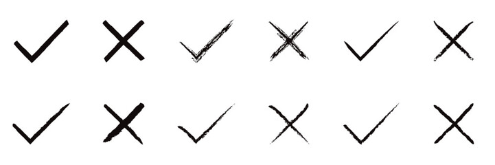 Hand Drawn Check Mark and Cross Icon Set, Sketch Doodle Tick and X Symbols in Grunge Brush
 Style, Checklist Vector Illustration