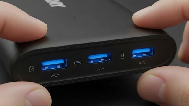 Hands Holding a USB Hub - Close-Up of Ports and Connectivity.