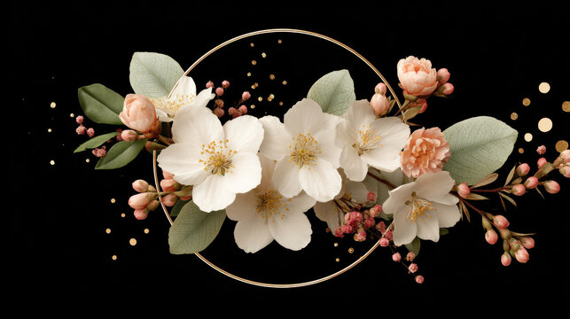 White flower arrangement with green leaves and peach buds in gold round frame on black background, elegant and delicate floral design
