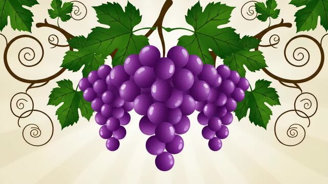 A bunch of purple grapes hangs from vines adorned with green leaves against a beige background featuring radiating sunbeam patterns