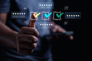 Obraz premium The businessman displays an interface showing digital quality assurance and certification symbols, representing high standards, ISO compliance, and professional business excellence. 