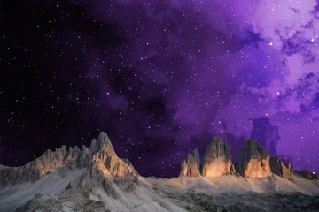 Fotobehang Warm Paars night landscape with stars and moon, milky way and galaxy in the mountains. beautiful nature background.  © runruna