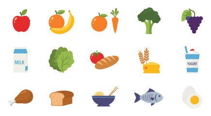 Fresh organic fruits vegetables healthy food icons set flat design vector illustration
