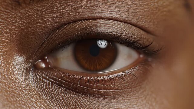 Close up of a human eye showing iris detail and lashes reflecting light with dark skin texture and sweat droplets