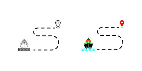 Shipping route path line icon set. with cargo ship and location pin. Represents logistics tracking, delivery route, navigation, and transportation journey. © Muhammad