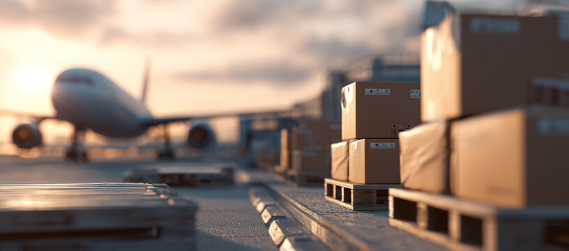Airplane at cargo area with stacked boxes during sunset