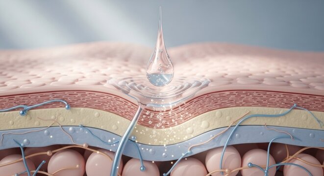 Skin layers with drop entering, illustrating hydration and skincare benefits