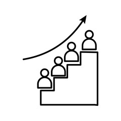 People climbing steps with upward arrow icon in outline style representing career growth, professional development, business success, and team progress.