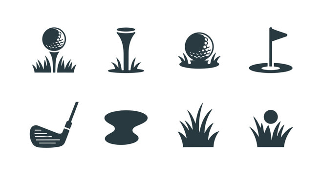 Golf course icon set with ball on tee, flag hole, club, and grass.