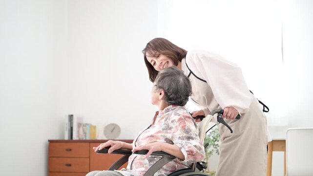 A video depicting home care for a mother in a wheelchair: scenes of mutual gaze and conversation, capturing the essence of in-home caregiving.