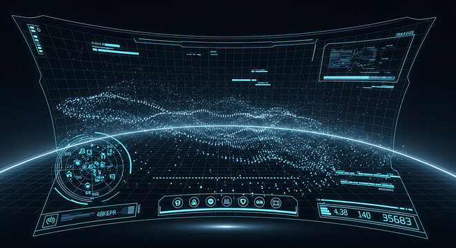 Advanced futuristic VR HUD user interface featuring a glowing digital grid particle mesh tech visor layout holographic cyberspace display and neon science fiction elements