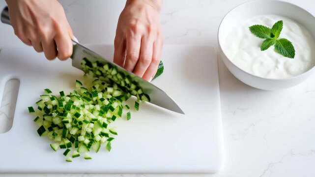 Person Dices Cucumber on Cutting Board for Tzatziki Recipe