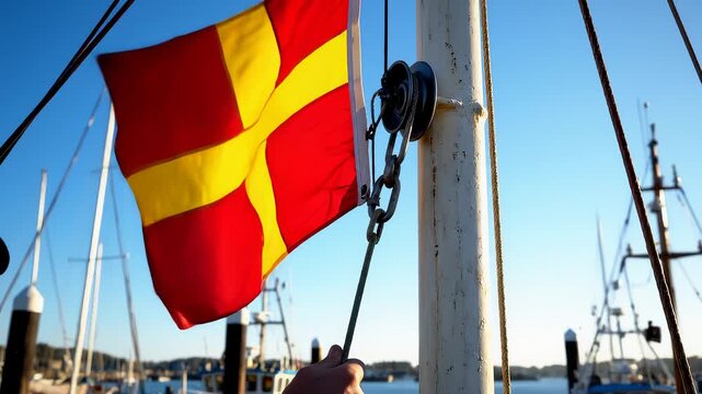 Person Pulls Rope to Raise Flag on Boat at Marina on Sunny Day