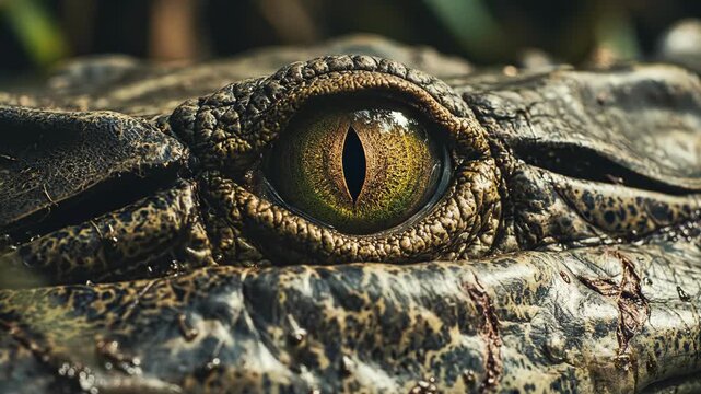 A closeup shows an alligators eye featuring a goldengreen iris and a narrow vertical pupil amidst textured skin