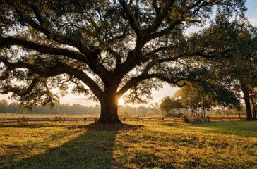 Majestic Oak at Sunrise: Golden Light and Serene Pasture Landscape with a warm hue and a clear day.
