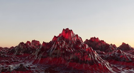 Red Gelatin Mountain Landscape, Translucent Wobbly Jelly Peaks, Surreal Nature Scene