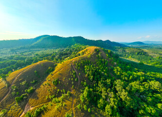 Aerial view mountains land and dry grass in ranong Thailand