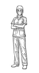 Fototapeta premium Engraving style illustration of a female surgeon in scrubs and mask